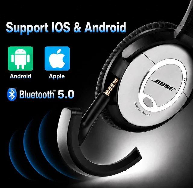 Alt view image 5 of 7 - Bluetooth Adapter for Bose QuietComfort 15, Black Add Bluetooth Audio to Bose QC15 Headphones, with AptX Support, Builtin Microphone & Volume Controls