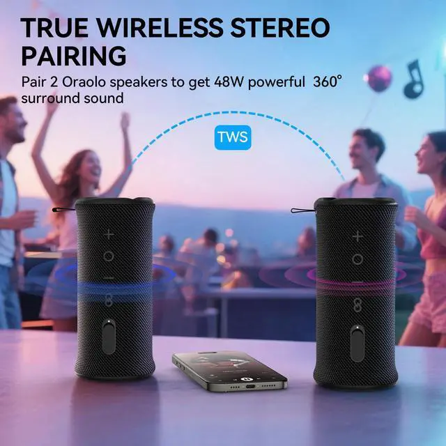 Alt view image 6 of 7 - Portable Bluetooth Speaker, Wireless Speakers with 24W Loud Stereo Sound, Bluetooth 6.0, RGB Lights, IPX6 Waterproof, Ture Wireless Pairing, 15H Playtime, Speaker for Home Beach Party