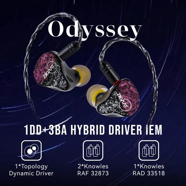 Alt view image 2 of 7 - ZiiGaat Odyssey 1DD+3BA Hybrid IEM in-Ear Monitor Earphone, 2Pin | Professional Sound Isolating Monitoring & Gaming Earbuds, with Detachable Cable for Bass-lovers Musician Audiophile