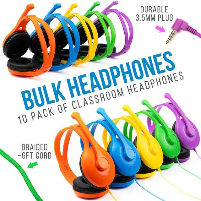 Alt view image 2 of 6 - Classroom Headphones with Microphone Bulk 10 Pack (Colors, 3.5mm) | Durable Everyday Student Use, Colorful Class Sets, Headsets with Mics, Adjustable Fit, Clear Voice, Easy Clean, K-12 Testing