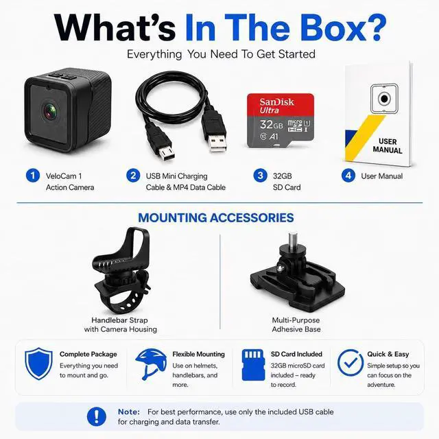 Alt view image 6 of 7 - Ultra Light Action Camera | 170° Wide Angle FHD 1080P | Handlebar, Helmet, Bicycle, Outdoor Sports | USB Rechargeable & Portable Bike Camera