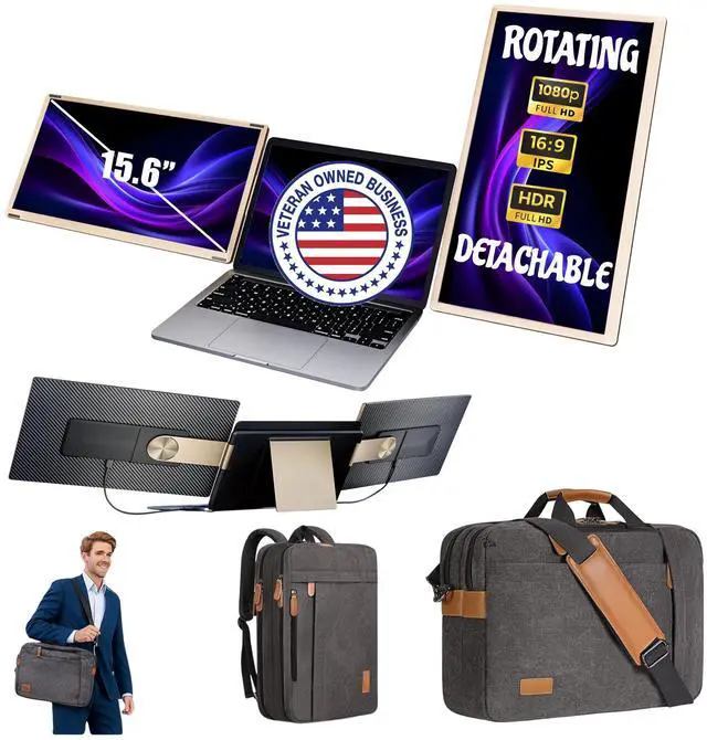Main image of 15.6" Dual Laptop Screen Extender - Laptop Bag & Cleaning Kit Included - FHD 1080P IPS - Detachable & Adjustable Monitor Extender - with Speakers - Compatible with Mac/Android/Win