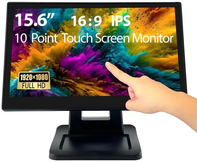 Main image of 15.6 Inch 1920 x 1080 FHD IPS Touchscreen POS Monitor with Metal Stand, 10 Points Touch HDMI VGA, Waterproof Dustproof Screen 1080P, Indusitrial, Office, Retail, Gym, Warehouse (Black)