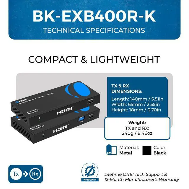 Alt view image 5 of 7 - 8K@30Hz HDMI Extender Balun HDBaseT 300ft - VRR, HDR, CEC, IR, RS-232 | 4K HDMI Extender, HDBaseT 4K 120Hz 40Gbps FRL, Dolby Vision, HLG, Dolby Atmos, DTS:X, Audio Extraction