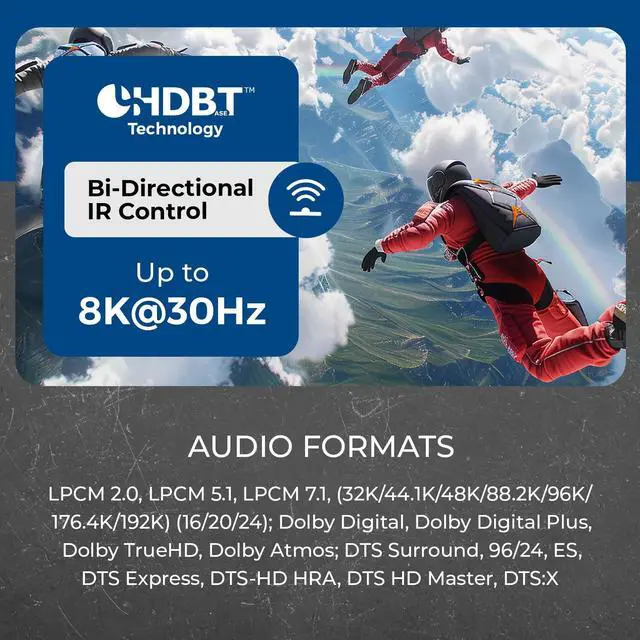 Alt view image 6 of 7 - 8K@30Hz HDMI Extender Balun HDBaseT 300ft - VRR, HDR, CEC, IR, RS-232 | 4K HDMI Extender, HDBaseT 4K 120Hz 40Gbps FRL, Dolby Vision, HLG, Dolby Atmos, DTS:X, Audio Extraction