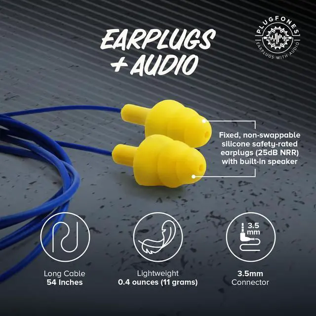 Alt view image 3 of 7 - Basic Wired Earplug Headphones for Work, OSHA PPE Earbuds, 3.5mm | 25dB NRR Hearing Protection Ear Plugs, Safety Headphones for Work, Construction, Warehouse, Helmet Earbuds, Racing, Yellow