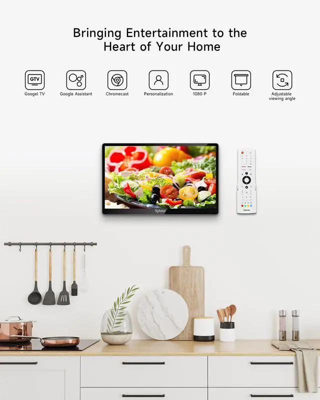 Alt view image 5 of 7 - Kitchen TV, Small Smart TV for Kitchen, 15.6 inch 1080P Full HD Under Cabinet TVs, Google Television with Voice Remote Control WiFi Bluetooth Chromecast 2 Speakers, Compact & Foldable, Gray