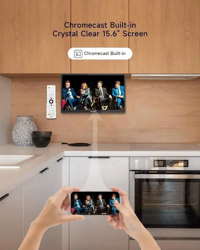Alt view image 7 of 7 - Kitchen TV, Small Smart TV for Kitchen, 15.6 inch 1080P Full HD Under Cabinet TVs, Google Television with Voice Remote Control WiFi Bluetooth Chromecast 2 Speakers, Compact & Foldable, Gray