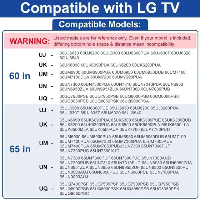 Alt view image 2 of 7 - TV Stand Legs for LG TV Legs 60 65 in 65UQ7950 65UJ6300 65UJ6320 65UJ6540 65UK6200 65UK6500 65UK6500PLA 65UM7300 65UN7300 60UJ6200 60UJ6300 60UK6200 60UM6950 60UN7300 TV Legs for LG TV Stand wr Screw