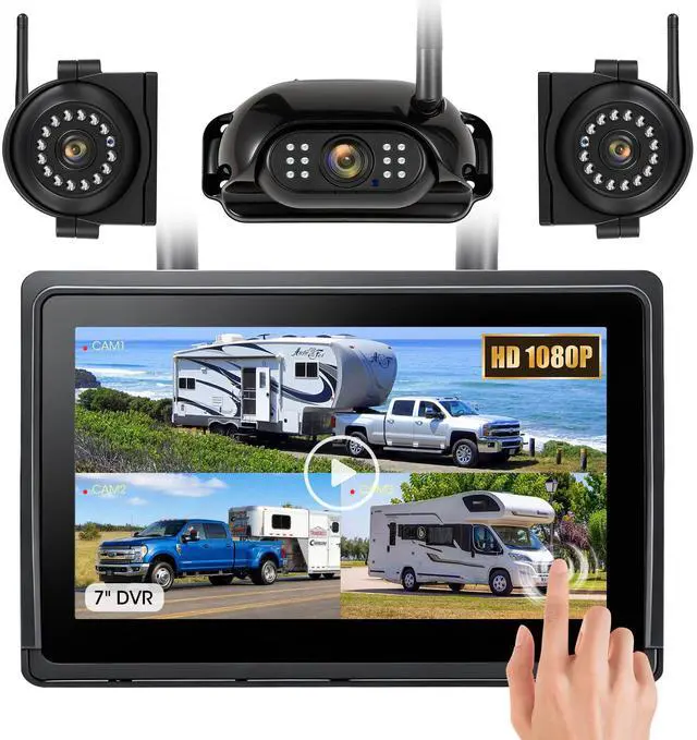 Main image of Wireless RV Backup Camera System 7" 1080P Touch Screen & 3 Cameras, Compatible with Furrion Pre-Wired Plug, DVR Monitor & Waterproof Night Vision Rear Side View Camera for Trailer Truck
