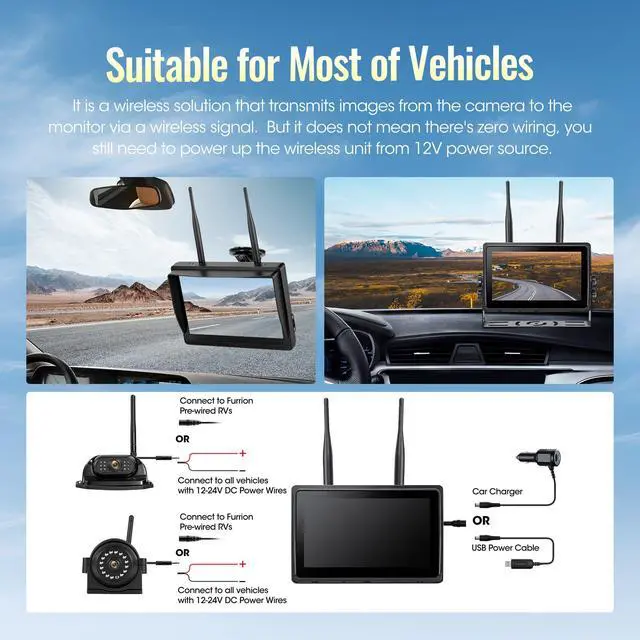 Alt view image 6 of 7 - Wireless RV Backup Camera System 7" 1080P Touch Screen & 3 Cameras, Compatible with Furrion Pre-Wired Plug, DVR Monitor & Waterproof Night Vision Rear Side View Camera for Trailer Truck