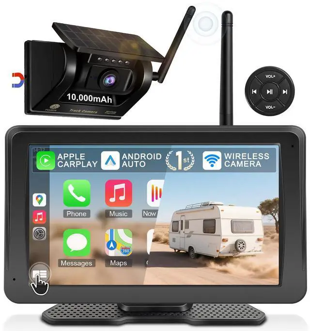 Main image of Wireless Backup Camera for Truck RV - 7" Portable Apple CarPlay Android Auto Touchscreen Monitor - 10000mAh Solar Magnetic Rear View Camera for Pickup, Trailer, Camper Van, Fifth Wheel, Box Semi Truck