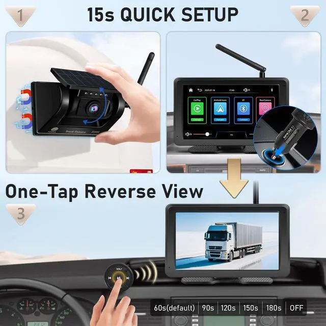 Alt view image 2 of 7 - Wireless Backup Camera for Truck RV - 7" Portable Apple CarPlay Android Auto Touchscreen Monitor - 10000mAh Solar Magnetic Rear View Camera for Pickup, Trailer, Camper Van, Fifth Wheel, Box Semi Truck