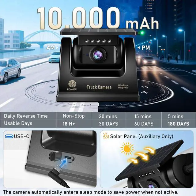 Alt view image 3 of 7 - Wireless Backup Camera for Truck RV - 7" Portable Apple CarPlay Android Auto Touchscreen Monitor - 10000mAh Solar Magnetic Rear View Camera for Pickup, Trailer, Camper Van, Fifth Wheel, Box Semi Truck