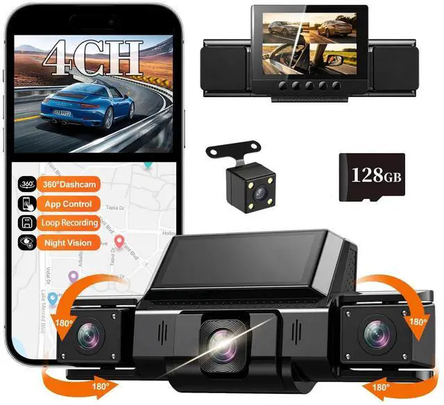Main image of Dash Cam 360° View 4 Channel Car Camera, Front Rear Left Right 4 Way Recording, WiFi APP Control, G-Sensor 24H Parking Mode, IR Night Vision WDR Wide Angle, Free 128G TF Card Included
