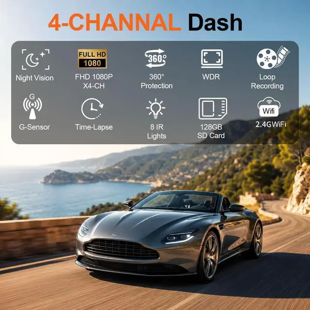 Alt view image 2 of 7 - Dash Cam 360° View 4 Channel Car Camera, Front Rear Left Right 4 Way Recording, WiFi APP Control, G-Sensor 24H Parking Mode, IR Night Vision WDR Wide Angle, Free 128G TF Card Included
