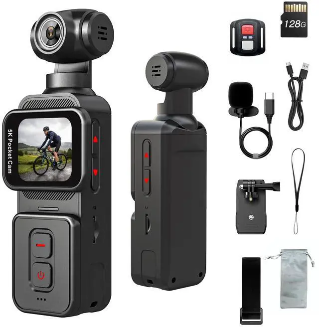 Main image of 5K Pocket Vlogging Camera Body Camera with Microphone, 5K/20FPS and 4K/60FPS, 1.69'' Touchscreen, 270° Rotating Lens, Face Tracking, Wi-Fi, 6-Axis Stabilization, for YouTube, Travel, Work (128GB)