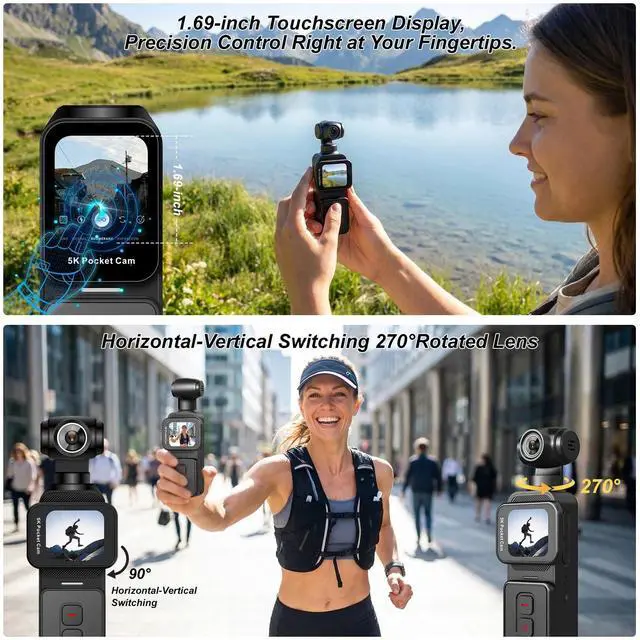 Alt view image 5 of 6 - 5K Pocket Vlogging Camera Body Camera with Microphone, 5K/20FPS and 4K/60FPS, 1.69'' Touchscreen, 270° Rotating Lens, Face Tracking, Wi-Fi, 6-Axis Stabilization, for YouTube, Travel, Work (128GB)