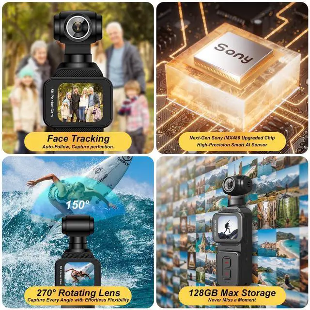 Alt view image 6 of 6 - 5K Pocket Vlogging Camera Body Camera with Microphone, 5K/20FPS and 4K/60FPS, 1.69'' Touchscreen, 270° Rotating Lens, Face Tracking, Wi-Fi, 6-Axis Stabilization, for YouTube, Travel, Work (128GB)