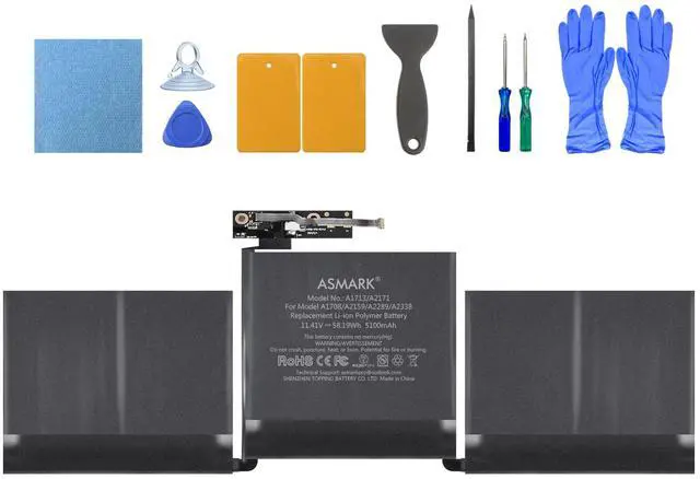 Main image of Replacement Battery for MacBook Pro A1708, 13-Inch, 2016-2017 | Fits A2159 (2019), A2289 (2020), A2338 (2020, 2022), A1713/A2171 battery models, 11.41V 5100mAh 58.19Wh, up to 1000 cycles