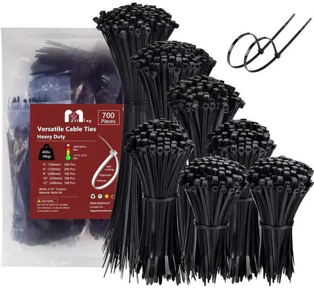 Main image of Zip Ties Assorted Sizes 700 Pack 4+6+8+10+12 Inch Cable Ties Heavy Duty 40lbs Plastic Wire Ties UV Resistant Zipties Black Small Zip Tie Wraps Assortment Cord Management for Home, Office, Gardening