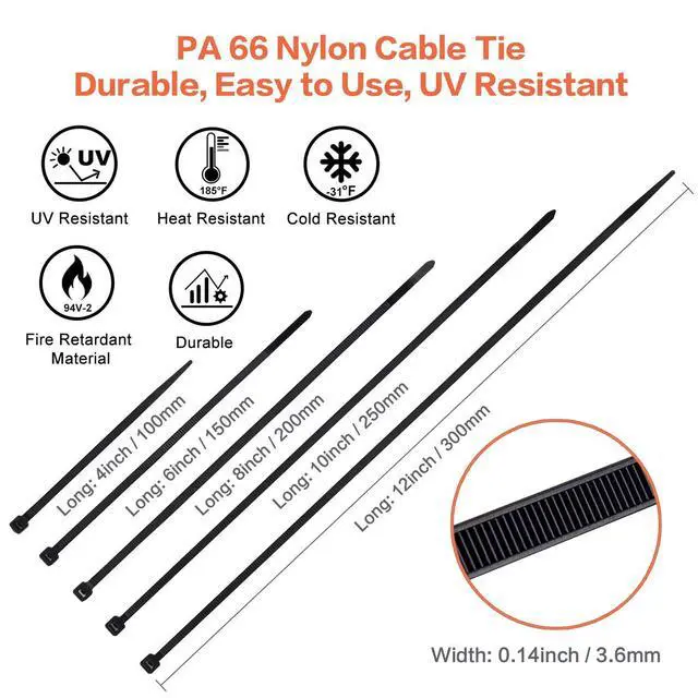 Alt view image 4 of 6 - Zip Ties Assorted Sizes 700 Pack 4+6+8+10+12 Inch Cable Ties Heavy Duty 40lbs Plastic Wire Ties UV Resistant Zipties Black Small Zip Tie Wraps Assortment Cord Management for Home, Office, Gardening