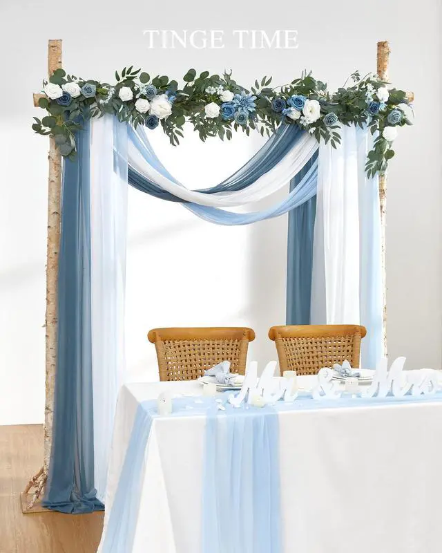 Alt view image 4 of 6 - Weddings Arch Draping Fabric 3-Panel Ombre, Sheer Swag | 30"x 20ft Gradient Blue Chiffon Sheer Tulle, Versatile Decor for Outdoor Parties, Ceremonies, Showers & Home