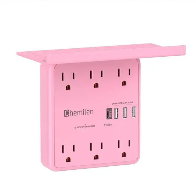 Main image of Wall Charger with Shelf 6 Outlet Extender with 4 USB Ports, ETL Listed Pink | Power Strip with Adapter Spaced Outlets - Multi Plug Outlet Surge Protector for Home Office Travel