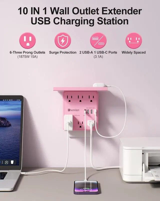 Alt view image 2 of 6 - Wall Charger with Shelf 6 Outlet Extender with 4 USB Ports, ETL Listed Pink | Power Strip with Adapter Spaced Outlets - Multi Plug Outlet Surge Protector for Home Office Travel
