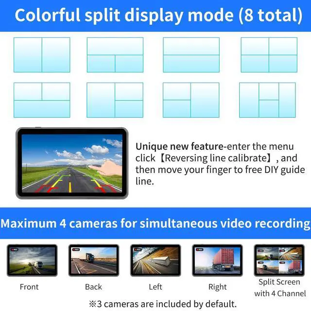 Alt view image 4 of 7 - 3 Camera Wired Backup Camera System Dash Cam for Truck/RV/Trailer/Bus/Tractor 10.1" Touch Monitor Loop Recording Split Screen 1080P Rear View & 2 Side View Camera Night Vision IP68 Back up Camera