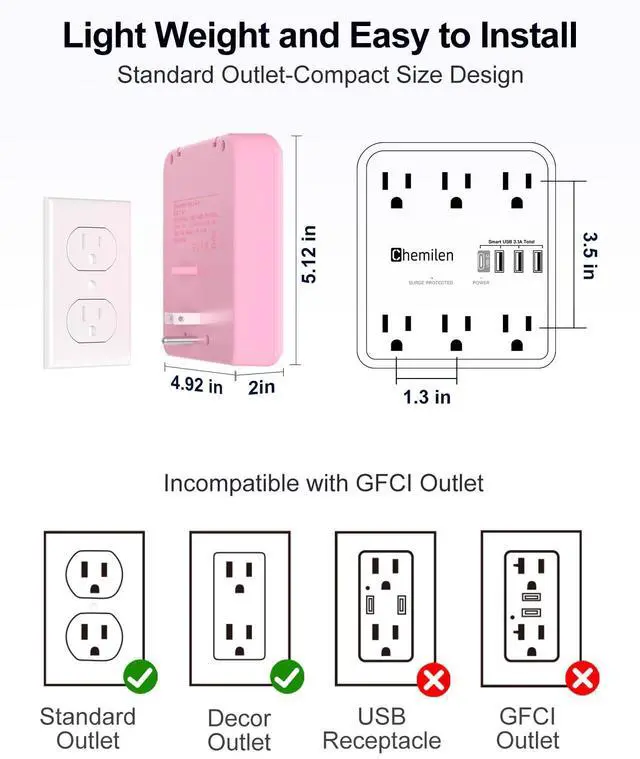 Alt view image 3 of 6 - Wall Charger with Shelf 6 Outlet Extender with 4 USB Ports, ETL Listed Pink | Power Strip with Adapter Spaced Outlets - Multi Plug Outlet Surge Protector for Home Office Travel