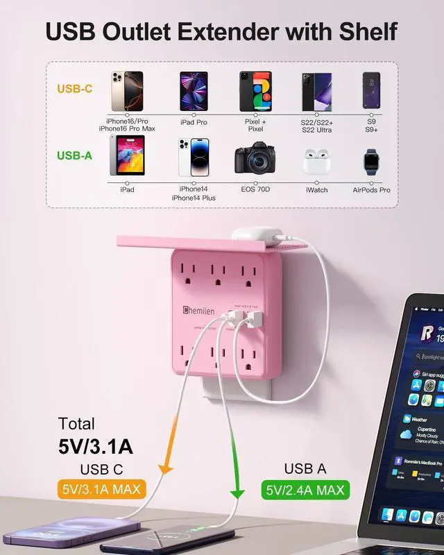 Alt view image 5 of 6 - Wall Charger with Shelf 6 Outlet Extender with 4 USB Ports, ETL Listed Pink | Power Strip with Adapter Spaced Outlets - Multi Plug Outlet Surge Protector for Home Office Travel