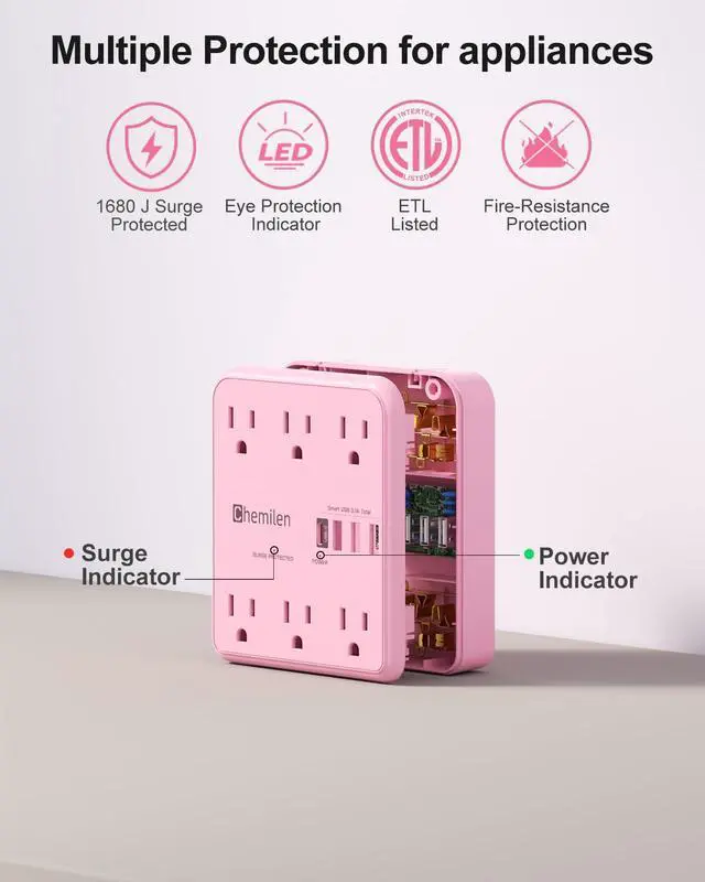 Alt view image 4 of 6 - Wall Charger with Shelf 6 Outlet Extender with 4 USB Ports, ETL Listed Pink | Power Strip with Adapter Spaced Outlets - Multi Plug Outlet Surge Protector for Home Office Travel