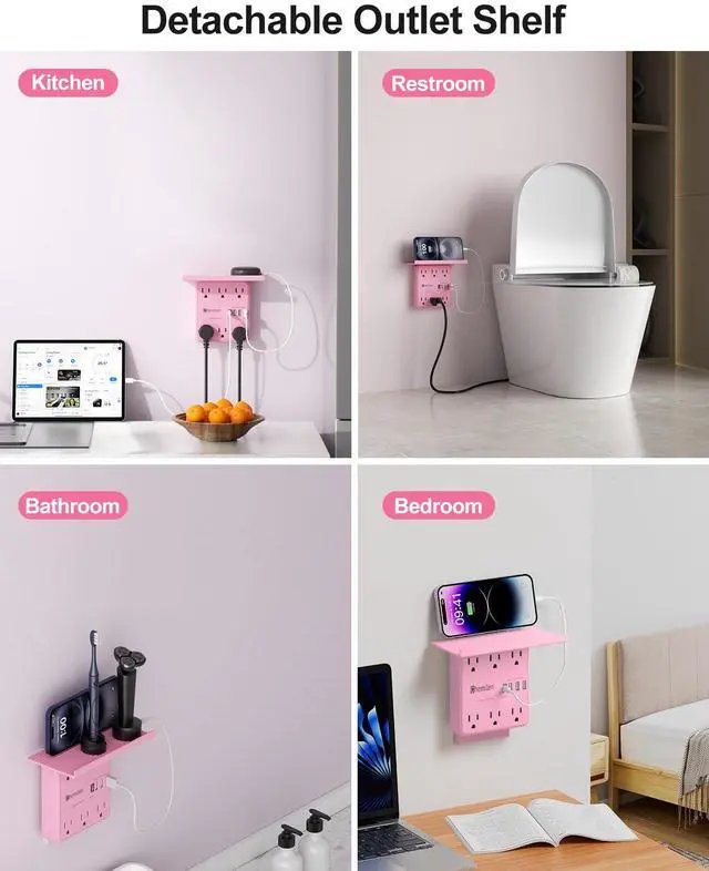 Alt view image 6 of 6 - Wall Charger with Shelf 6 Outlet Extender with 4 USB Ports, ETL Listed Pink | Power Strip with Adapter Spaced Outlets - Multi Plug Outlet Surge Protector for Home Office Travel