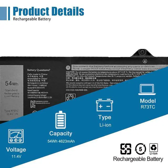 Alt view image 2 of 5 - R73TC DR02P Laptop Battery Replacement for Dell Latitude 5440 5450 5540 5550 Precision 3480 3490 3580 3590 Series 0V042N V042N 11.4V 54Wh