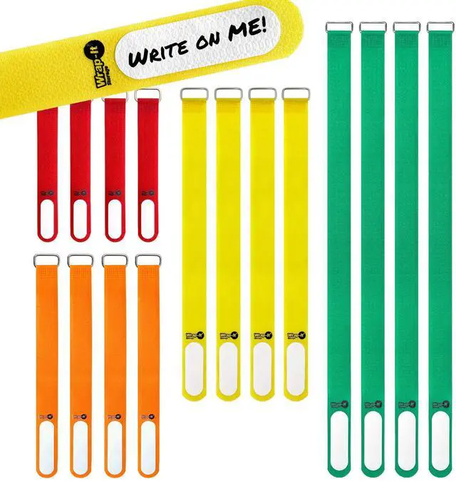 Main image of Cinch-Straps (Assorted 16 Pack) | Straps with Metal Buckles and Write on Labels for Easy Cord Identification, Waterproof, Reusable, Multi-Purpose, Adjustable