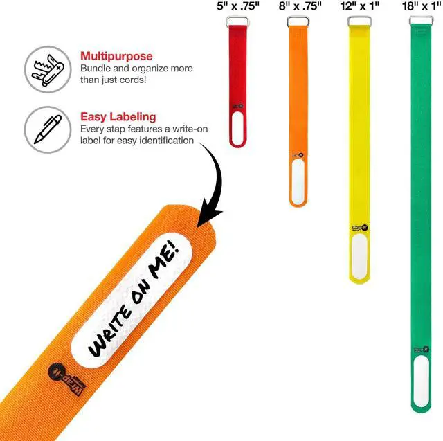 Alt view image 3 of 7 - Cinch-Straps (Assorted 16 Pack) | Straps with Metal Buckles and Write on Labels for Easy Cord Identification, Waterproof, Reusable, Multi-Purpose, Adjustable