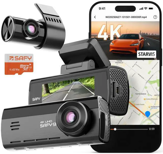 Main image of SAFY 9, 4K+1080P Dash Cam Front and Rear, STARVIS, Free64GB Card | HDR, AI Night Vision, 24H Parking Mode, Wi-Fi, GPS, LCD Display, App Control, Cloud Connectivity