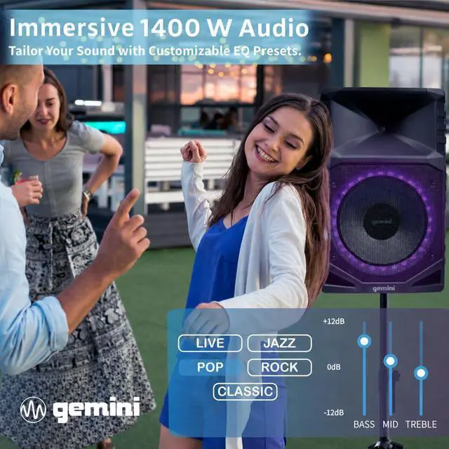 Alt view image 2 of 7 - 15" Bluetooth Party Tower Speaker, 1400 Watts (GXP-T1500) | Battery party tower, up to 24 hr - IPX4 weatherproof, wheels - Bluetooth, mic, guitar - LED & mic incl