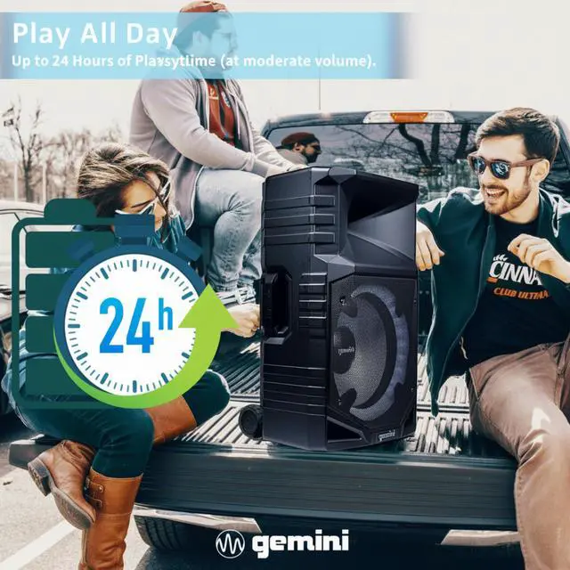 Alt view image 3 of 7 - 15" Bluetooth Party Tower Speaker, 1400 Watts (GXP-T1500) | Battery party tower, up to 24 hr - IPX4 weatherproof, wheels - Bluetooth, mic, guitar - LED & mic incl