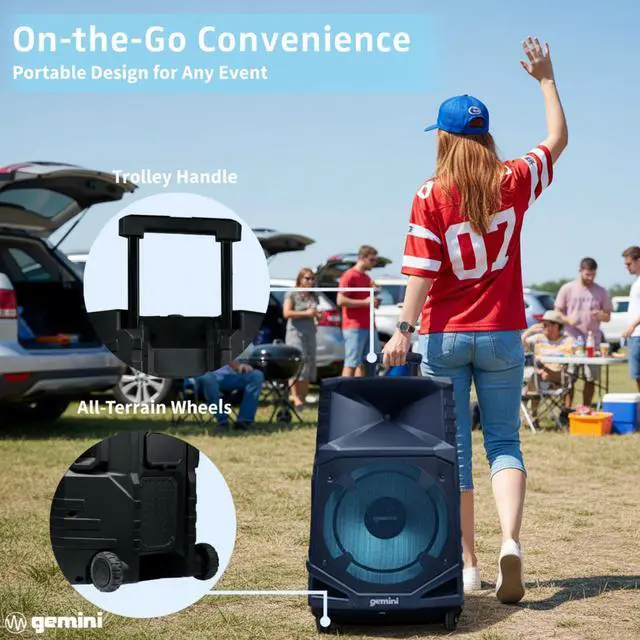 Alt view image 4 of 7 - 15" Bluetooth Party Tower Speaker, 1400 Watts (GXP-T1500) | Battery party tower, up to 24 hr - IPX4 weatherproof, wheels - Bluetooth, mic, guitar - LED & mic incl