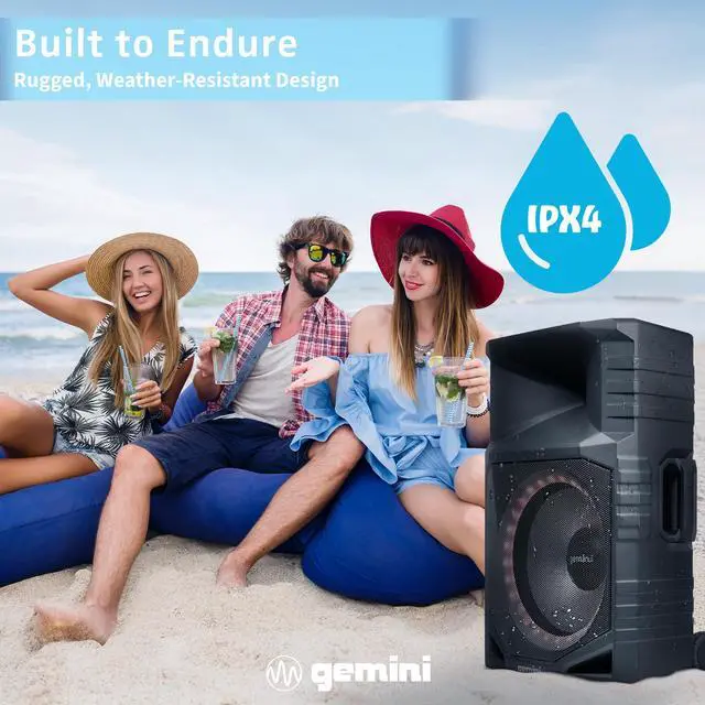 Alt view image 5 of 7 - 15" Bluetooth Party Tower Speaker, 1400 Watts (GXP-T1500) | Battery party tower, up to 24 hr - IPX4 weatherproof, wheels - Bluetooth, mic, guitar - LED & mic incl