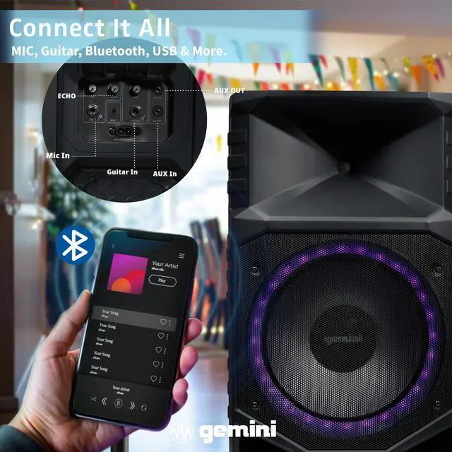 Alt view image 6 of 7 - 15" Bluetooth Party Tower Speaker, 1400 Watts (GXP-T1500) | Battery party tower, up to 24 hr - IPX4 weatherproof, wheels - Bluetooth, mic, guitar - LED & mic incl