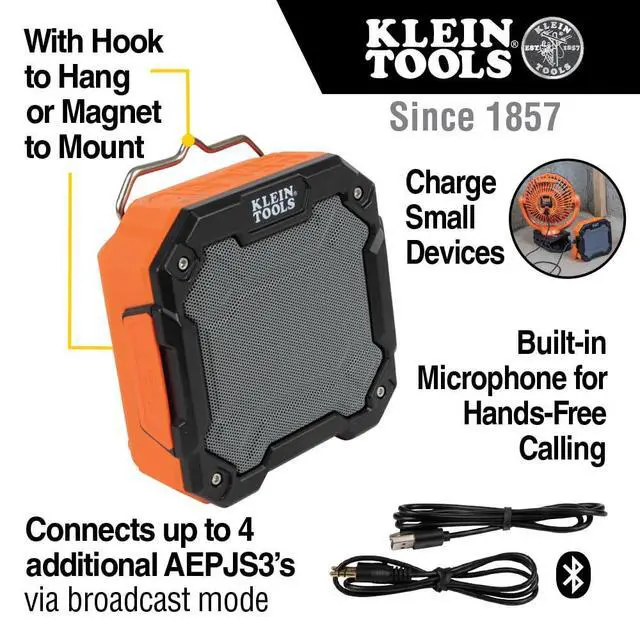 Alt view image 3 of 7 - AEPJS3 Bluetooth Jobsite Speaker with Magnet and Hook, 20-Hr Run Time, Charge Via USB A or C, Pair Multiple Speakers via Broadcast, Hands Free Capable