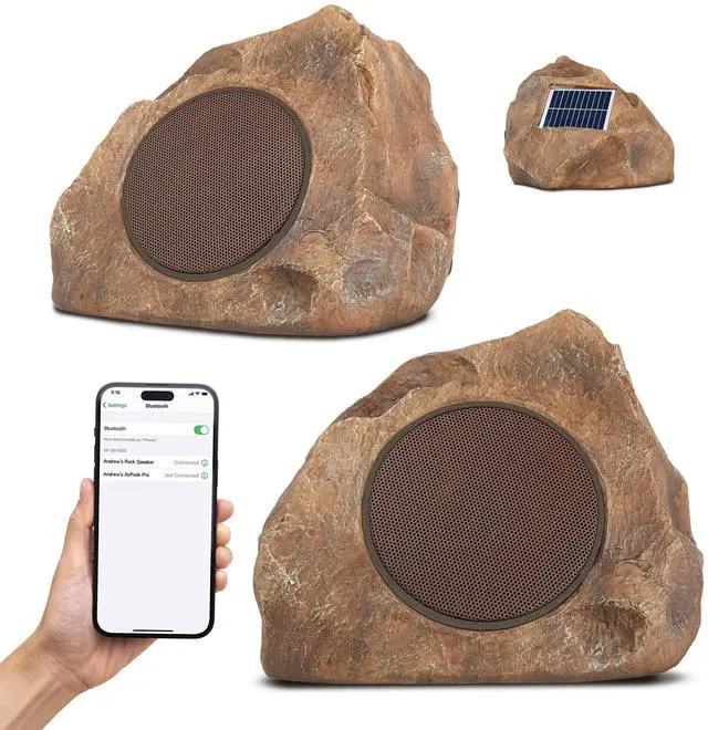 Main image of Outdoor Rock Speaker Solar-Powered Wireless Bluetooth 5.0 Portable Speaker Weatherproof for Patio, Pool, Deck, Yard, Garden and Home (Brown, 2-Pack)