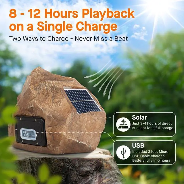Alt view image 3 of 7 - Outdoor Rock Speaker Solar-Powered Wireless Bluetooth 5.0 Portable Speaker Weatherproof for Patio, Pool, Deck, Yard, Garden and Home (Brown, 2-Pack)