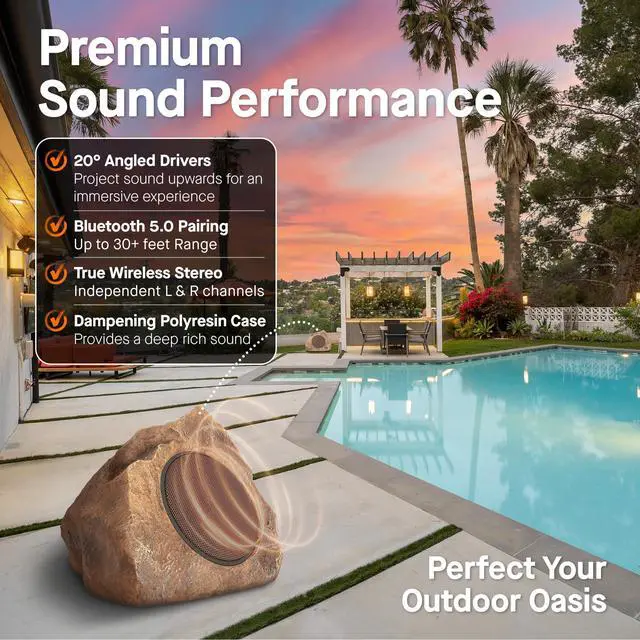 Alt view image 2 of 7 - Outdoor Rock Speaker Solar-Powered Wireless Bluetooth 5.0 Portable Speaker Weatherproof for Patio, Pool, Deck, Yard, Garden and Home (Brown, 2-Pack)