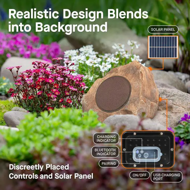 Alt view image 7 of 7 - Outdoor Rock Speaker Solar-Powered Wireless Bluetooth 5.0 Portable Speaker Weatherproof for Patio, Pool, Deck, Yard, Garden and Home (Brown, 2-Pack)