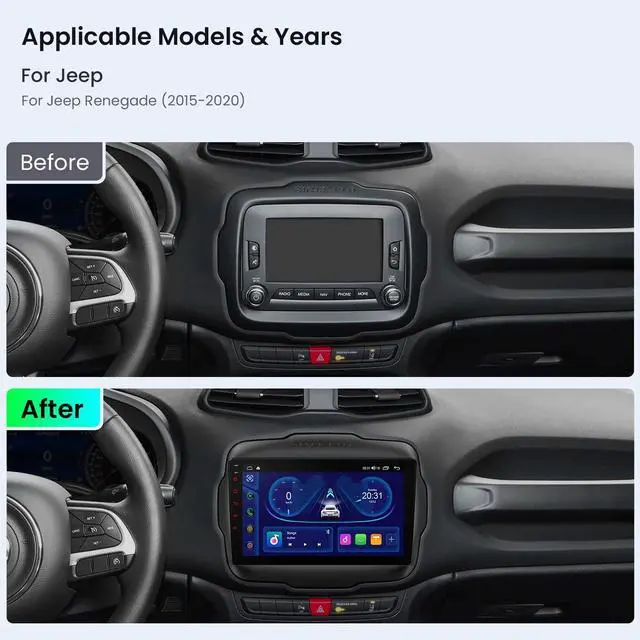 Alt view image 2 of 7 - 9 Android Car Stereo for Jeep Renegade 2015-2020, Octa Core, 4+64GB | Android 14 Head Unit, CarPlay Android Auto, GPS Navigation, Support Bluetooth, DSP, 4G LTE, OBD2 DVR TPMS Backup Camera