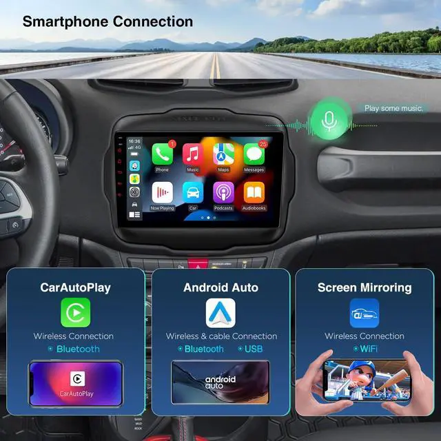 Alt view image 4 of 7 - 9 Android Car Stereo for Jeep Renegade 2015-2020, Octa Core, 4+64GB | Android 14 Head Unit, CarPlay Android Auto, GPS Navigation, Support Bluetooth, DSP, 4G LTE, OBD2 DVR TPMS Backup Camera